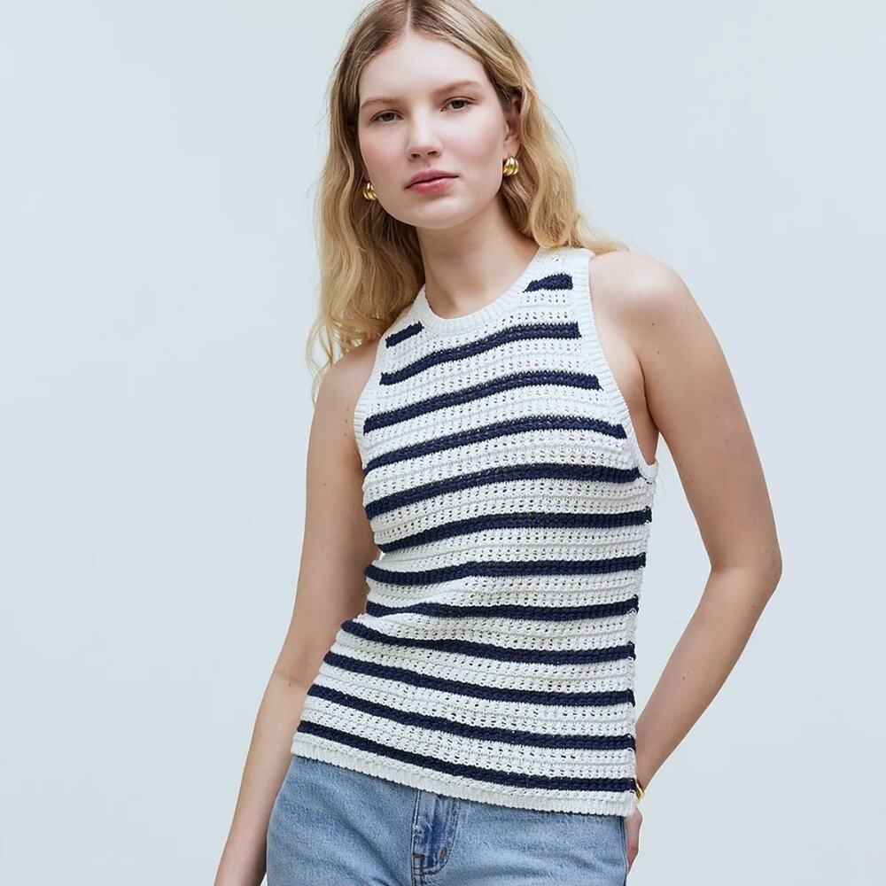 Madewell Crochet-Knit Crewneck Sweater Sleeveless Tank in Striped Sz S NEW